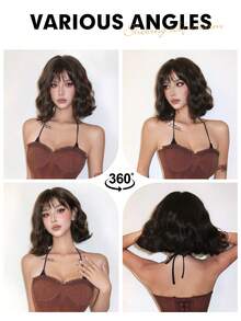 Brown Short Curly Bob Wigs With Bangs For Women 12 Inch Synthetic Curly Bob Wig For Girl Natural Looking Summer Daily Party Cosplay Use For Halloween And Christmas New Year Carnival Music Festival Cosplay ,Gifts For Girls,Summer Graduation Gifts,Ready-Made Gifts,Halloween Christmas Gifts - 棕色 - 查看 9