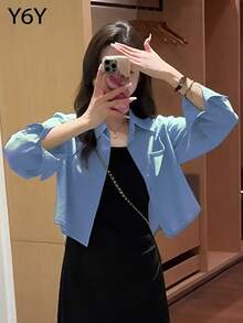 [Y6Y]女款設計師 Polo 領後開衩短款長袖襯衫，優雅休閒日常穿著女裝上衣 - 天藍色 - 查看 2