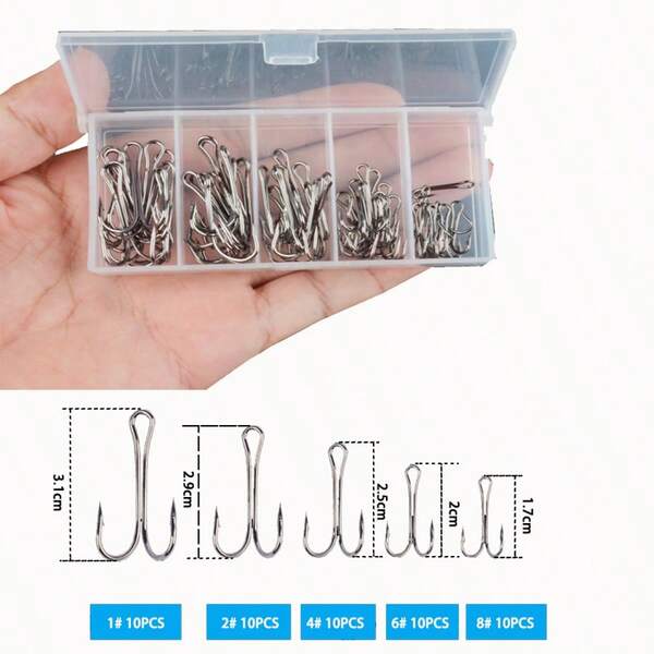 50pcs/Box Extra Long Double Barbed Treble Fishing Hooks