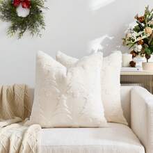 1pc/2pcs Beige Christmas Tree Embossed Decorative Pillow Cover (Pillow Insert Not Included), Reversible Dutch Linen Fabric, Square Cushion Cover, Holiday Home Decor Pillow, Soft Velvet Fabric, Modern Decor For Sofa, Bedroom, Dorm - Beige - View 18