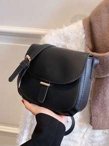 简约 PU 斜挎包，迷你时尚挎包，配有可调节肩带和翻盖设计，多功能单肩/斜挎包 - 黑色 - 查看 6