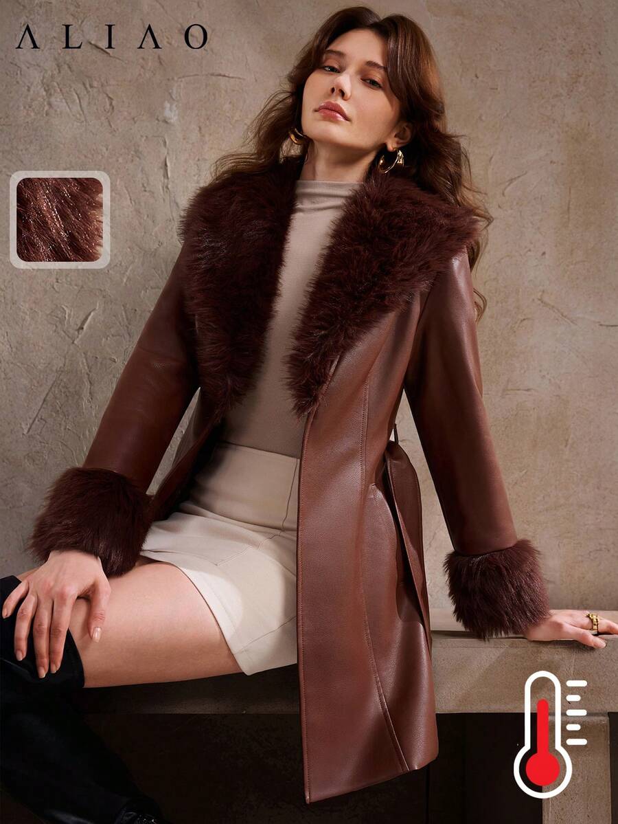 Aliao 束腰仿毛领皮革拼接保暖外套，冬季大衣，女士冬季服装，优雅连衣裙，婚礼季必备，适合正式晚宴、家庭聚会、返校活动，宫廷风格 - 棕色 - 查看 1