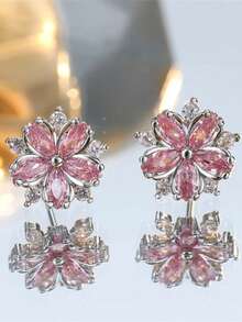 2pcs Elegant Women's Earrings, Flower Design With Sparkling Zirconia, Romantic Holiday Gift
