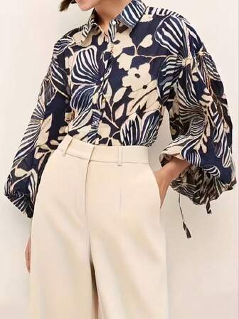 Women's Woven Fabric Button Front Shirt Collar Long Sleeve Abstract Print Shirt