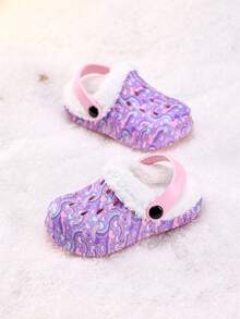 1 Pair Girls' Comfortable Fashion Casual Purple Heart Print Versatile Thermal Lined Warm Clogs, Autumn/Winter - Pink - View 2