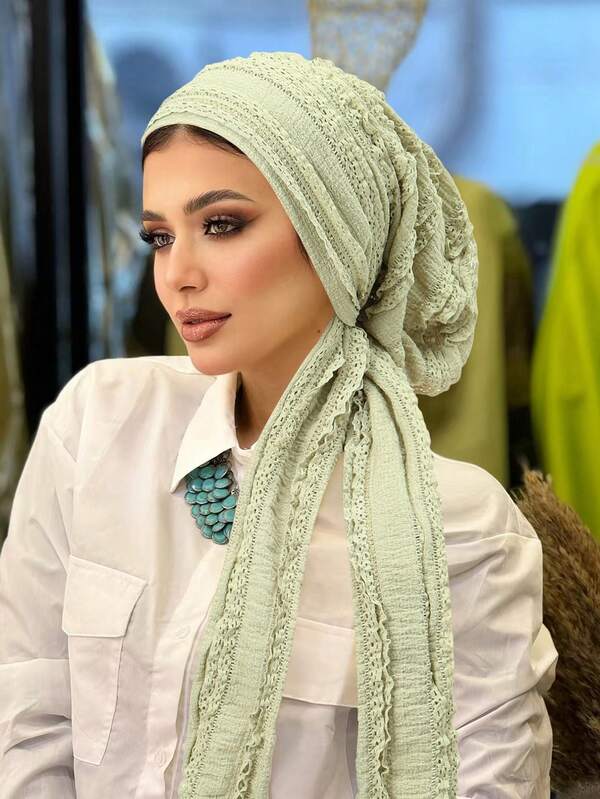 Double-Layer Lace Women's Hijab Soft Elastic Pleated Head Scarf Cap Breathable Hair Cap Fashionable Turban Bonnet