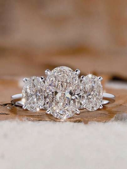 1pc Elegant S925 Sterling Silver Oval Cubic Zirconia Ring, Women's Dating, Wedding, Eternal Promise Ring, Anniversary Gift, Girlfriend Jewelry