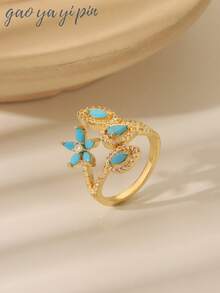 1pc European & American Style Luxurious Copper Electroplated Wheat Ear & Turquoise Adjustable Ring For Women, Flower & Leaf Design, Suitable For Daily Wear, Festivals, Weddings, Parties, Birthdays, Holidays, Gifts For Friends & Family, Christmas Gift