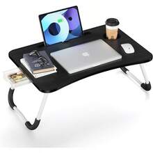 Mesa porttil para Cama, sof, Escritorio para Laptop y Escritura, Lectura Mesa pequea, Escritorio Plegable para Laptop con Ranura, Soporte de Mesa para Cama sof Trabajo Comer Lectura - Negro - Modelo de Soporte con cajón - Negro - Ver 2