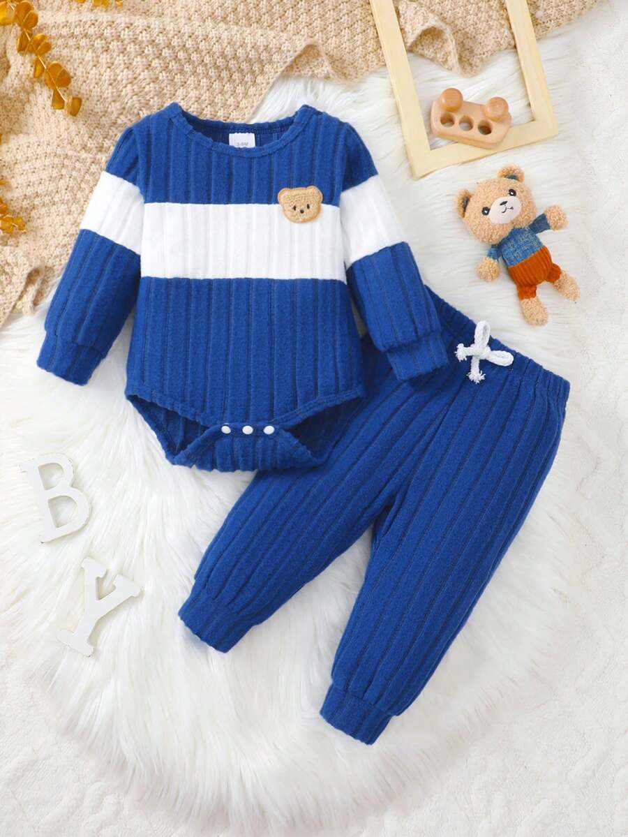 2pcs Set Baju Bayi Balita Lengan Panjang Bahan Fleece Motif Beruang Lucu, Sangat Lembut, Elastis, Minimalis & Nyaman, Untuk Bayi Laki-laki - Baby Blue - View 1