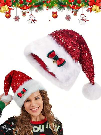 1 pieza Gorro de Papá Noel con lentejuelas, borlas y moño, 100% poliéster, lavable a mano, sin estiramiento, tejido artesanal, accesorio de disfraz para fiesta de Navidad
