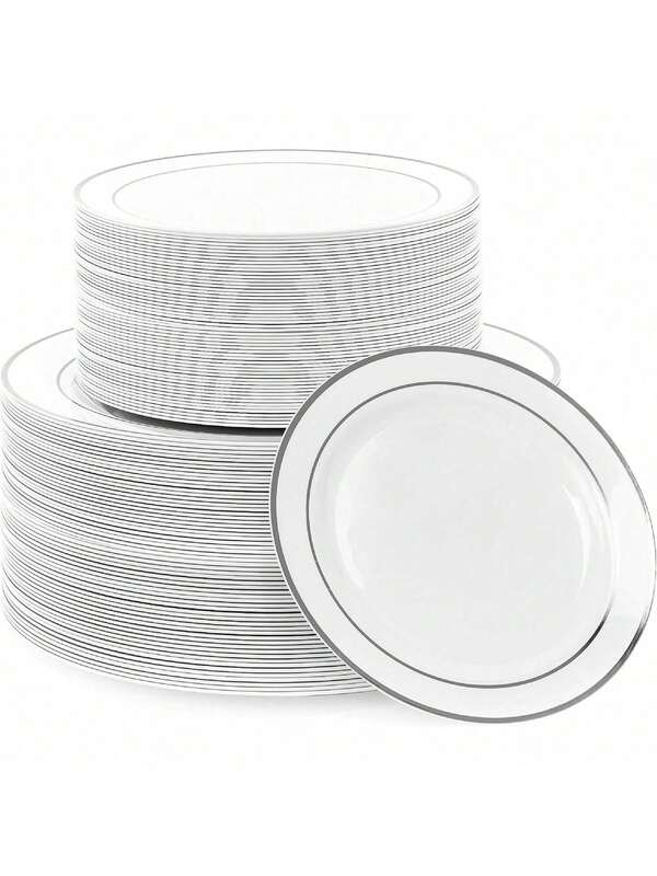 50/25/10/1pc Silver Rim Dinner Plates, Salad Plates, Cake/Dessert Plates, Fruit Plates, Party Tableware, Suitable For Wedding, Christmas, Thanksgiving, New Year Gift, Birthday Party