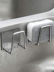 1 pieza/2 piezas Soporte para esponja montado en la pared sin taladro de acero inoxidable con ganchos duales y bolsa OPP - Adhesivo resistente/Organizador montable con tornillos (tornillos incluidos) para cocina, baño, fregadero - Almacenamiento de esponjas y herramientas que ahorra espacio, resistente a la oxidación, fácil instalación, diseño moderno, superficie resistente a los arañazos - Ideal para espacios pequeños