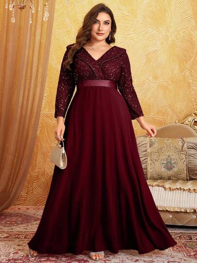 Vestido de fiesta con cuello en V, manga 3/4, parches de lentejuelas y dobladillo acampanado para muñeca