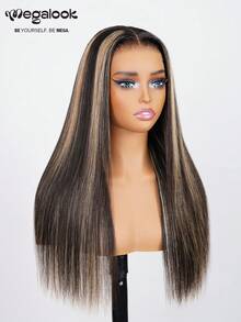 MEGALOOK 200%密度蕾丝闭合假发，预先拔毛的发际线，透明蕾丝，漂白发结，自然黑色直发，夹式蕾丝闭合假发，无需胶水的真人发假发 - 間色和鋼琴色 - 查看 6