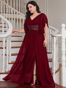 UNITHORSE Plus Size Bridesmaid Dress With Sequin Waist, Ruffle Hem And Side Slit, Chiffon