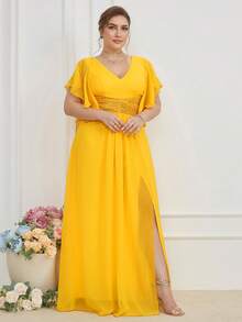 UNITHORSE Plus Size Bridesmaid Dress With Sequin Waist, Ruffle Hem And Side Slit, Chiffon - Yellow - View 6
