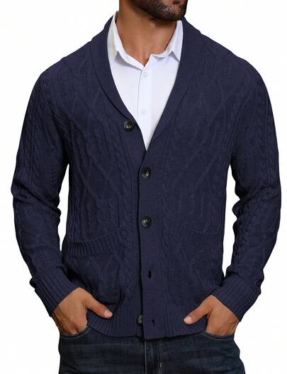  URRU Mens Shawl Collar Cardigan Sweater Casual Slim Fit Button Down Cable Long Sleeve Knitted Sweater With Pockets