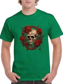 ¡Envío desde México, Playera algodón deportiva casual de hombre,  estampado de Calavera y guitarra del Día de los Muertos , manga corta de corte holgado, bicolor blanco y negro, top casual transpirable de moda, ropa casual Camiseta divertida Moda de verano. - Verde (delantero) - Ver 3