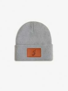 1pc Baby Leather Patch Vintage Letter Decor Grey Beanie, Choose From 26 Letters, Soft & Comfortable Unisex Infant Autumn/Winter Warm Hat, Suitable For Holidays, Birthdays, Daily Wear - Grey - View 26