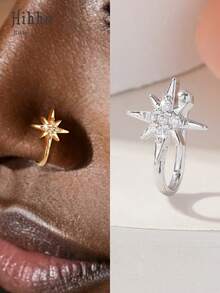 Hihho 1pc Fashionable U-Shaped Nose Ring, Sparkling Zirconia Embedded 8-Pointed Star Design Nose Piercing Jewelry