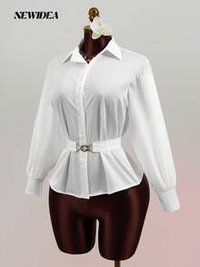 Elegant Women's White Satin-Like Long Sleeve Collared Shirt - Belted Button Front Blouse For Office, Going Out & Daily Wear