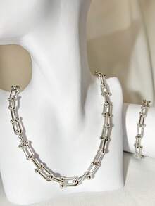Necklace And Bracelet Set With Chain Links, 18k Gold Plated And 925 Silver - 銀色 - 查看 13