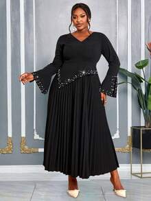 AOMEI Plus Size Black Elegant Knitted Cocktail Dress With V-Neck Long Flare Sleeves And Beaded Pleated Skirt For Women
