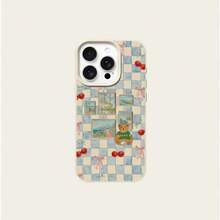 1 pieza Funda de teléfono de material TPU con diseño de oso de cereza a cuadros azul y blanco con lazo, compatible con iPhone 17 Pro Max/17/16 Pro Max/15/13/12/11, S20 FE/A15/S24/A55, Redmi Note 11/12/13 Pro, protección corporal completa a prueba de golpes y suave