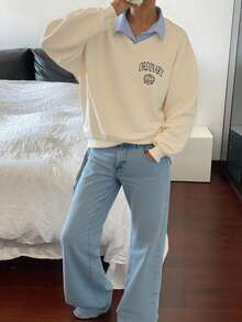 Livesso 女式字母印花落肩长袖休闲拼布羊毛卫衣，秋冬 - 杏色 - 查看 8