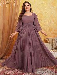 Elegant Flared Cuff Bowknot Design Flowy Chiffon Dress With Square Neck And Waist Pleats