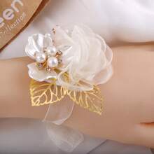 2 piezas Conjunto de Corsage de Muñeca + Broche, Mujer Elegante Organza Rosa Dorado Hoja Falsa Rosa Corsage de Muñeca y Broche, Novia Novio Dama de Honor Padrino Decoración de Boda, Fiesta Baile Accesorios