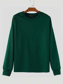 INCERUN Mens Round Neck Long Sleeve T-Shirt Tops Shirt Wide Leg Long Pants Trousers Spring Fall Casual Loose Plain 2PCS Sets Outfits - 墨綠色 - 查看 6