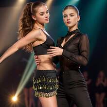 YYC Women Belly Dance Hip Scarf With Sequins Coins Belly Dancing Skirts Wrap For Bellydance Halloween Performance Costume Fashion - 黑色 - 查看 6