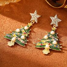 2 piezas Pendientes de árbol de Navidad lindos para mujeres, pendientes de estrella de Navidad de moda, regalo de joyería brillante para familiares y amigos