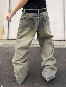 1pc Men's Distressed Wide Leg Jeans, American Vintage Ripped High Street Casual Loose Fit Long Pants (Product Does Not Include Belt And Accessories), Emo Style