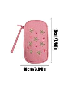 1 pièce Sac de rangement à fermeture éclair à simple couche avec un cordon, imprimé d'un motif d'étoile à cinq branches et d'un nœud rouge. Sac de rangement multifonctionnel, pour câbles de données, écouteurs, sac de rangement portable pour les voyages