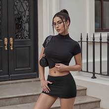 Women's Fashion Mini Skirts Solid Color Low Waist Short Skirts Summer Casual Bodycon Skirts Streetwear - 黑色 - 查看 7