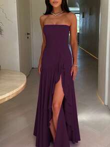 Women Solid Ruffle Side Slit Tube Long Dress Bodycon Elegant Sexy Party Dress Evening Prom Clothes