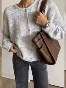EAVA Vintage Soft Versatile Knit Cardigan For Women, New Autumn/Winter Design, Button Element Round Neck Cardigan, Suitable For Valentine's Day - Grey - View 5