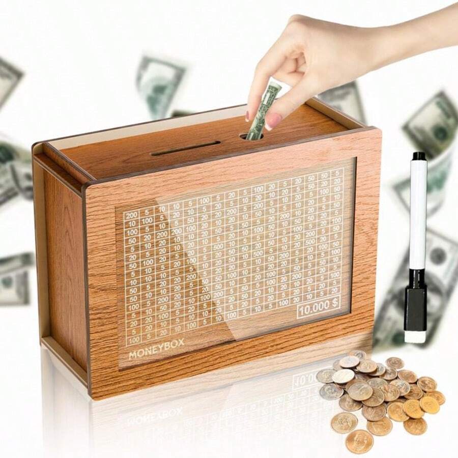1pc MONEYBOX - Save Up To $3,000, Wooden Cash Saving Box, Money Storage Organizer, Cash/Coin 2-Sided Piggy Bank, Handcrafted Money Jar, Natural Wood Material Box - 棕色 - 查看 1