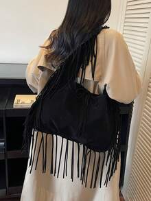 New Women's One Shoulder Underarm Crescent Moon Bag, Large Capacity Tote Bag, Fashion Street Style Tassel Decor, Chic Solid Color Suede Fabric, High-Quality Feel, Suitable For Travel, Shopping, Dating And Other Versatile Occasions