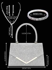 时尚闪亮的女士手提包晚宴包，优雅的派对金属翻盖手拿包单肩包，搭配闪闪发光的水钻首饰三件套，闪亮的水钻项链、耳环、手链，适合派对、舞会、聚会、晚宴 - 銀色 - 查看 4