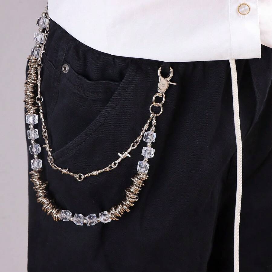 1pc New Vintage Fashion Thorn Asymmetric Pearl Chain Accessory, Punk Style Handmade Double-Layer Pants Chain, Suitable For Daily Wear