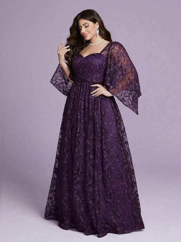 Vestido de fiesta elegante con cuello de corazón, encaje y mangas largas con volantes para dama de honor de talla grande