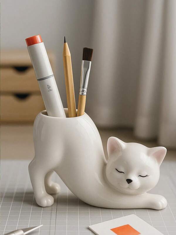 1 pieza Soporte para pinceles de gato, organizador de escritorio de resina para suministros de arte - Solo el soporte, sin pinceles