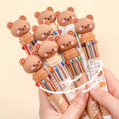 Cute Bear Ten-In-One Multi-Color Ballpoint Pen Set, Press-Type Retractable Pens, Plastic Material, No Batteries Required, With Assorted Colors For Ages 14+, Daily Planner Writing Instrument,Party Gifts