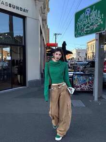 Women's American Sweet & Spicy Design Hooded Cable Knit Long Sleeve Pullover Sweater - Green - View 5