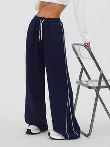1pc Women's Waffle Texture Loose Jogger Pants With Pockets And Contrast Side Stripe Design, Straight Leg, Suitable For Outdoor Running, Gym Workout, Casual Street Wear, All Seasons Spring - Navy Blue - View 3