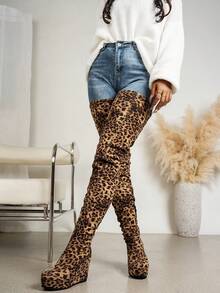 1.2 Cm Platform Wild Brown Leopard Print Thigh High Boots, 74 Cm Shaft Height, 10 Cm Wedge Heel, Warm Winter Stretch Boots, Suitable For Nightclub Party, Personalized Outfit. Women's Boots/Women's Winter Boots/Women's Thigh High Boots/Women's Brown Boots. Please Choose One Size Larger. - màu nâu - Xem 2